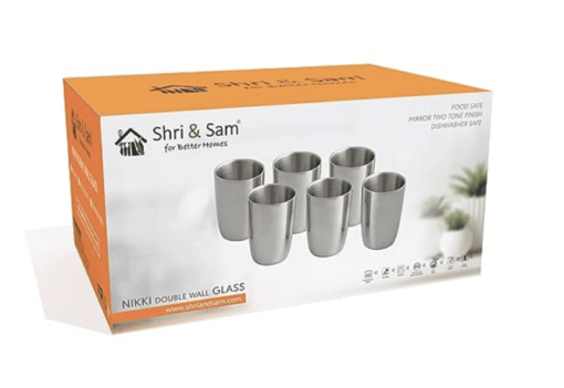 Shri & Sam High Grade Stainless Steel Nikki Glass Set Double Wall, Silver, Pack of 6 - Image 2